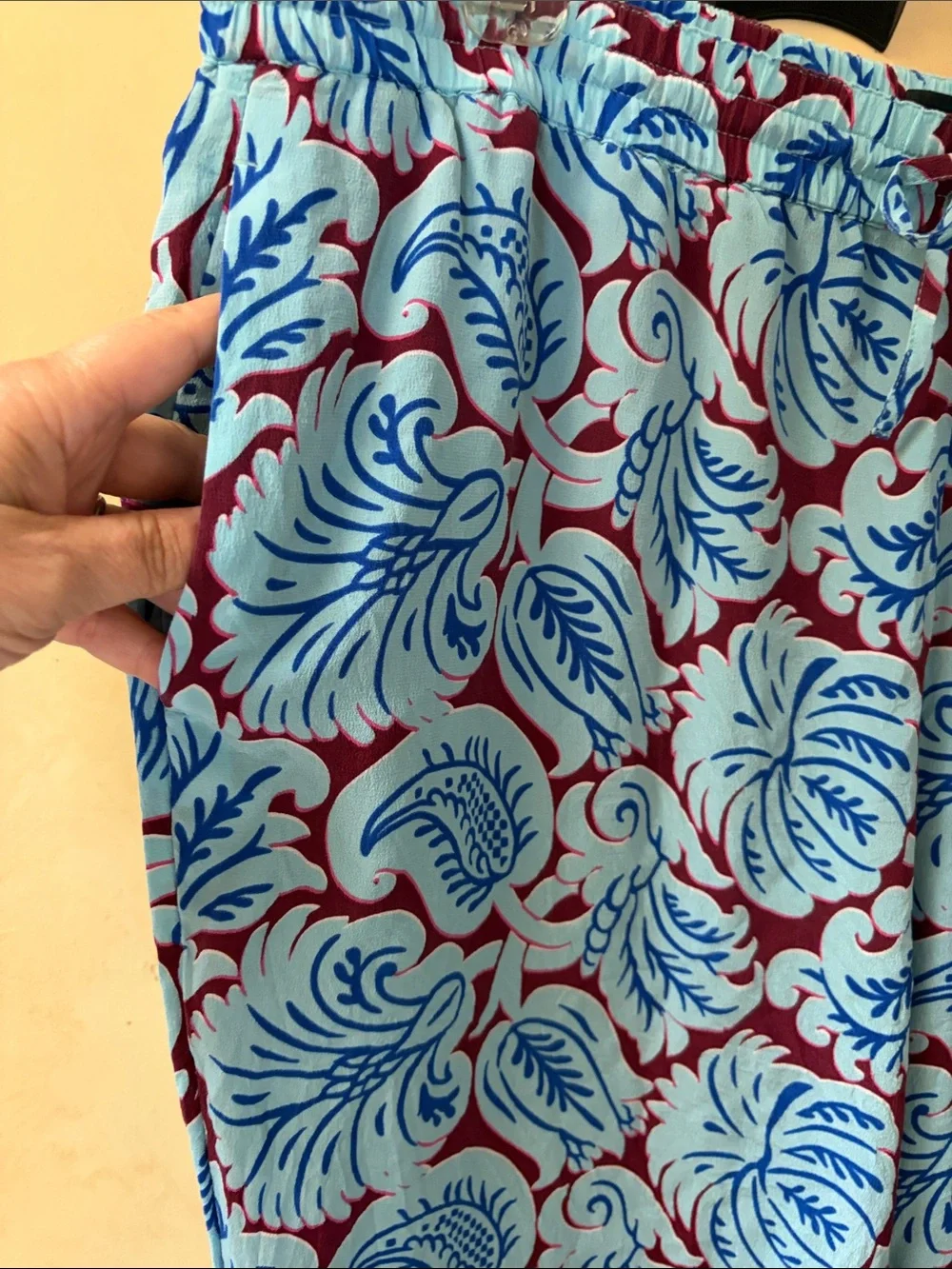 Sz 16 J.Crew Light Blue & Maroon Printed 100% Silk Pants